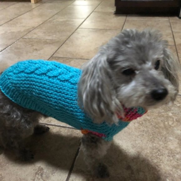 Hand Crafted Knit Turquoise Pet Jacket Fur Baby Clothes Cat Dog Sweater Coat - Picture 6 of 9